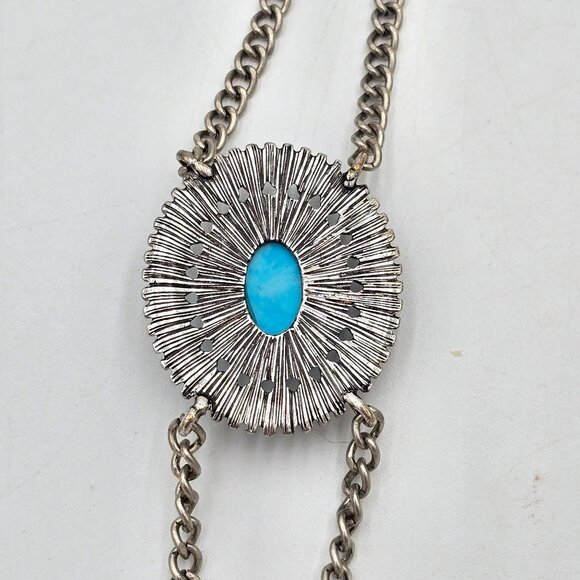 American Eagle Silver Tone Necklace w/ Tassels Faux Turquoise Pendant Jewelry - Picture 5 of 6